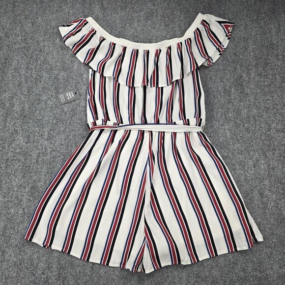 Express Romper Women Large White Stripe Off Shoulder Ruffle Belted Casual Jumper - Picture 8 of 16